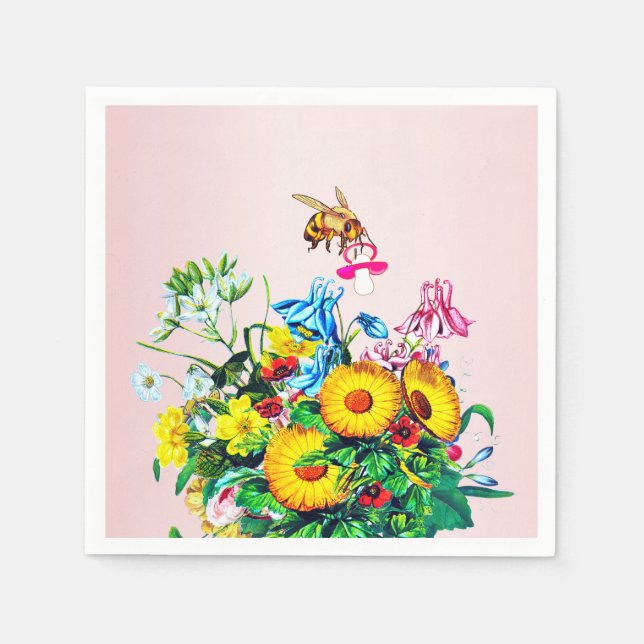 Bees Baby Shower Rosa Blommigt Nappar Pappersservett (Framsidan)
