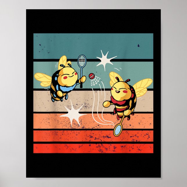 Bees Badminton Dynamic Cartoonish Artwork Funny Pl Poster (Framsidan)