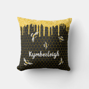 Bees Honeycomb Black Guld Glitter Drives Glam Namn Kudde