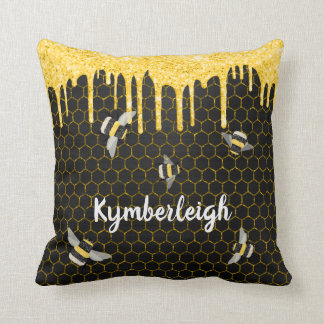 Bees Honeycomb Black Guld Glitter Drives Glam Namn Kudde