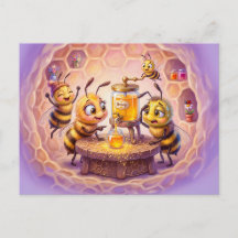 Bees inspecting finished honey in cheerful comic i
