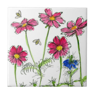 Bees Nigella Shock rosa Cosmos Watercolor Flowers Kakelplatta