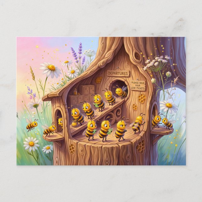 Bees preparing for cheerful comic departure vykort (Framsida)