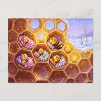 Bees sleeping in honeycombs under soft petal blank vykort