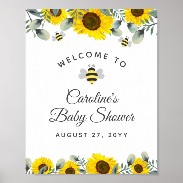 Bees Sunblommor Eucalyptus Baby Shower Välkommen Poster (Framsidan)