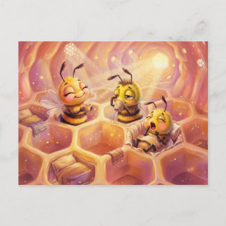 Bees waking with sunrise enjoying coffee in comic vykort
