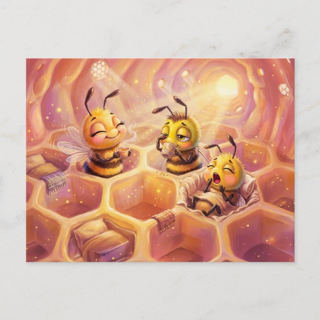 Bees waking with sunrise enjoying coffee in comic  vykort (Framsida)