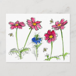 Bees Watercolor Flowers Rosa Cosmos Vykort