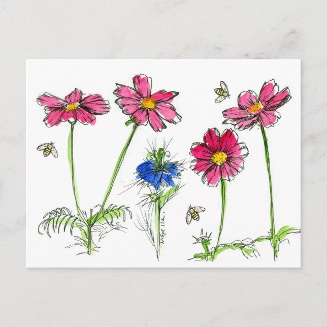 Bees Watercolor Flowers Rosa Cosmos Vykort (Framsida)