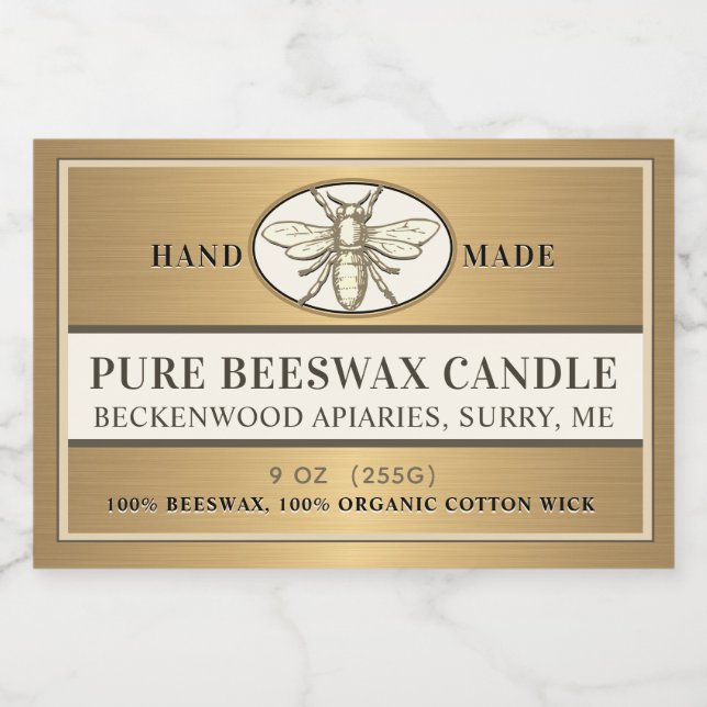Beeswax Candle etikett Heraldic Bee Metallic Guld (Singel etikett)