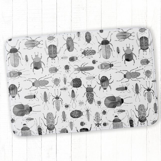 Beetle Black & White Badrumsmatta (Beetles and bugs black and white watercolor bath mat)