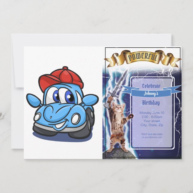 Beetle blue tecknad car - Välj bakgrund färg Inbjudningar (Framsida)