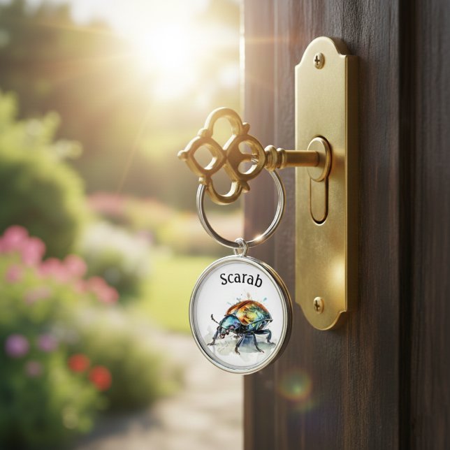 Beetle i vattenfärg, anpassningsbar rund silverfärgad nyckelring (Skapare uppladdad)