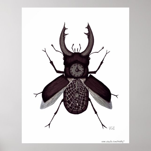 Beetle klocka, svart och vit teckning poster (Framsidan)
