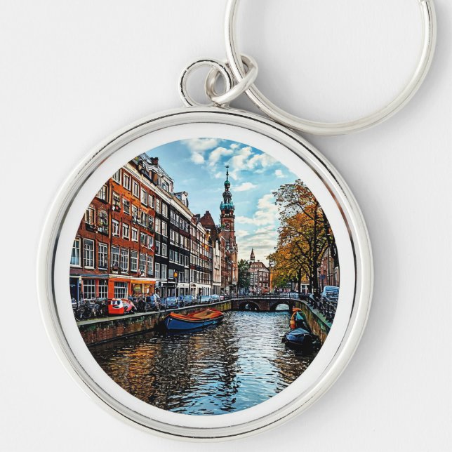 Befallande kanalscen från Amsterdam Rund Silverfärgad Nyckelring (Framsidan)