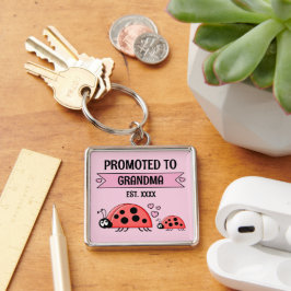 Befodrad till mormor nyckelpigor rosa fyrkantig silverfärgad nyckelring