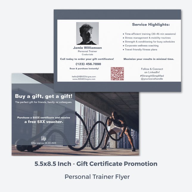 Befordran av företagscertifikat flygblad (5.5x8.5 Inch, Corporate Fitness Gift Certificate Promotion Flyer, Grey, White, Red Accent)