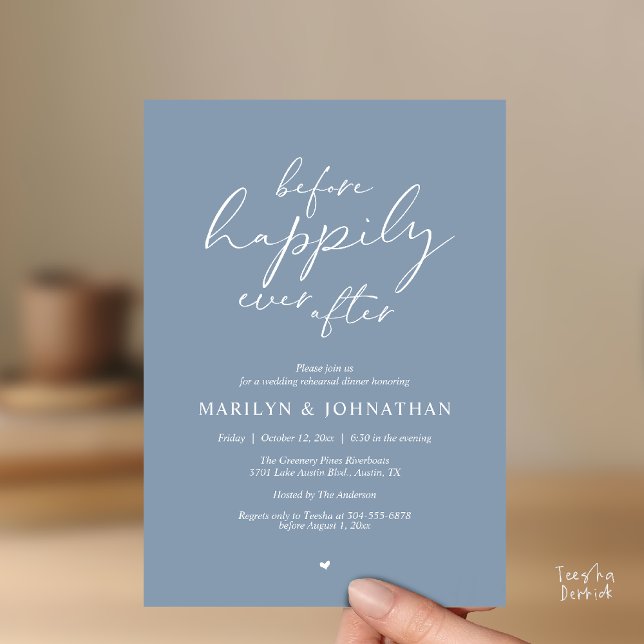 Before Happily Ever After, Romantic Rehearsal Inbjudningar (Before Happily Ever After, Modern Romantic Rehearsal Dinner Invitation Card in Dusty Blue)