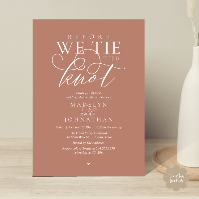 "Before we tie the knot", Wedding Rehearsal Dinner Inbjudningar ("Before we tie the knot", Modern Romantic Wedding Rehearsal Dinner Invites Card in Terracotta Brown)