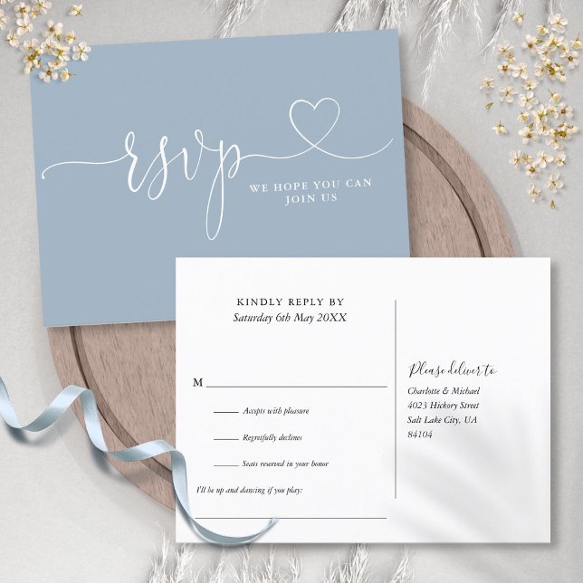 Begär OSA kort för Dusty Blue Heart-skript Sång (Dusty Blue Heart Script Song Request RSVP Card)