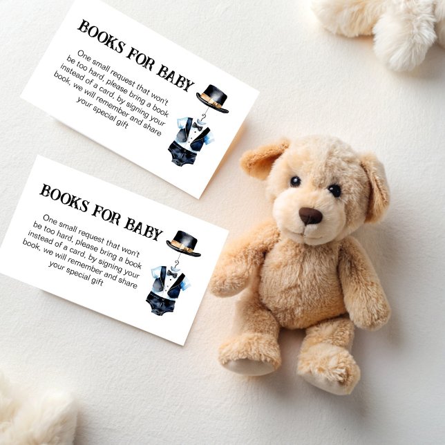 Begär svarttuxedo bok tilläggskort (Little man baby shower black tuxedo book request enclosure card cute boys baby shower books for baby)