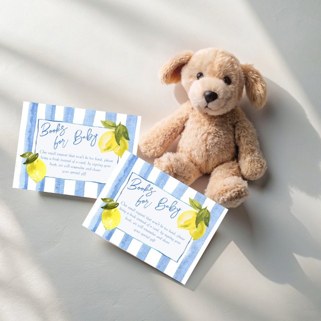 Begäran från Ciao Bambino blue rand lemons bok Tilläggskort (Ciao Bambino blue stripes lemons Italian baby shower book request Enclosure Cards books for baby)