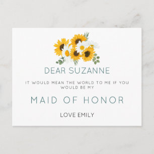 Begäran från Rustic Sunblommor Maid of honor Vykort