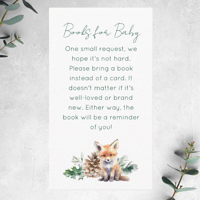 Begäran från Rustic Winter Woodland Baby Shower Bo Tilläggskort (This rustic woodland Book Request baby shower card features a cute fox and winter greenery)