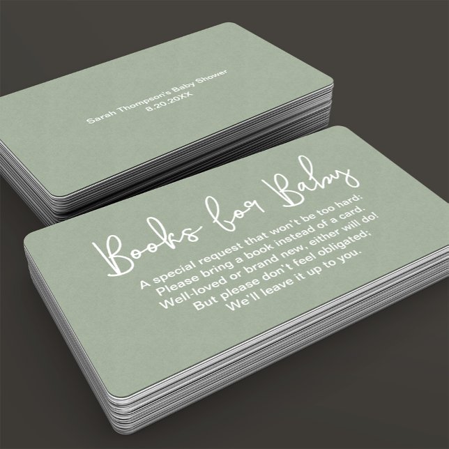 Begäran om babydusch för Modern Script Sage Grönt  Tilläggskort (Customizable minimalist sage green Books for baby request instead of card enclosure card.)