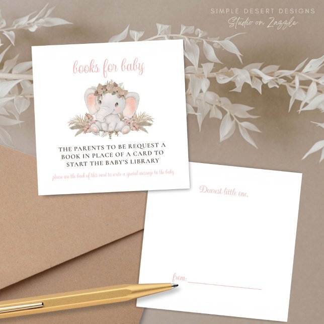 Begäran om Boho Cute Elephant Baby Shower Bok Tilläggskort (Pink Baby Shower Books for Baby Card Enclosures with Book Label Gift Tag on Back)