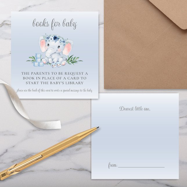 Begäran om Cute Elephant Blommigt Boy Shower Bok Tilläggskort (Soft Blue Boy Baby Shower Book Request Card Inserts with Cute Elephant, Subtle Blue Floral Design)