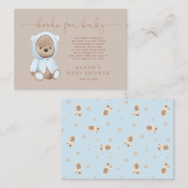 Begäran om Dusty Blue Nalle Baby Shower Bok Tilläggskort (Fram/baksida)