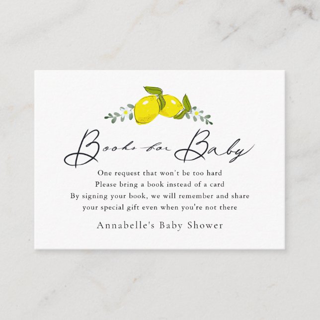 Begäran om Lemon Script White Baby Shower Bok Tilläggskort (Framsida)