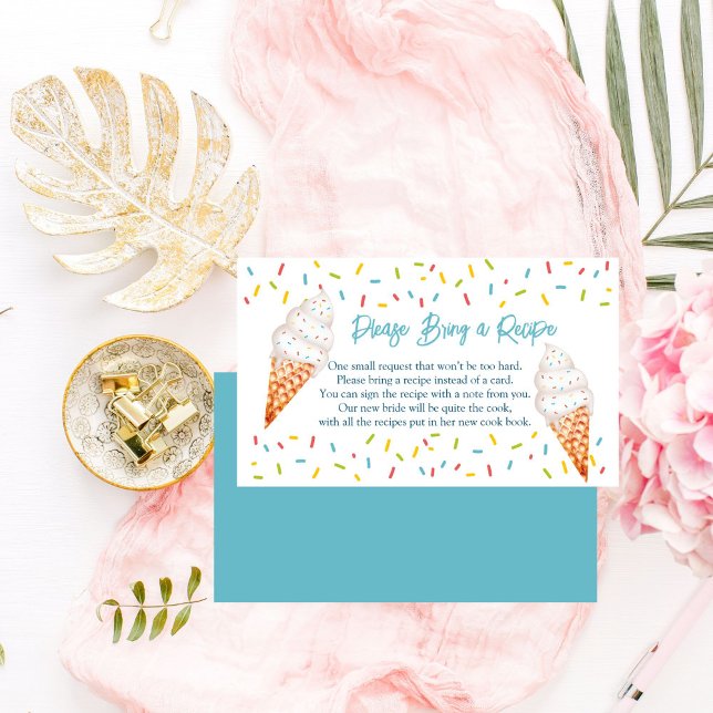 Begäran om möhippa av isklassrecept med hjälp av a tilläggskort (Scooped up ice cream bridal shower recipe request enclosure card)