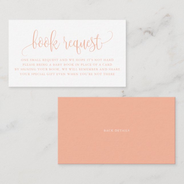 Begäran om Peach Söt Script Baby Shower Bok Visitkort (Fram/baksida)