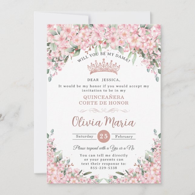 Begäran om Quinceañera Cherry Blommar Ro Guld Dama Inbjudningar (Framsida)