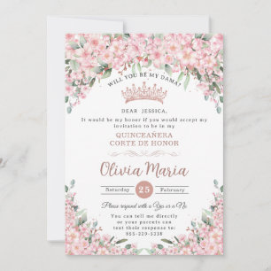 Begäran om Quinceañera Cherry Blommar Ro Guld Dama Inbjudningar