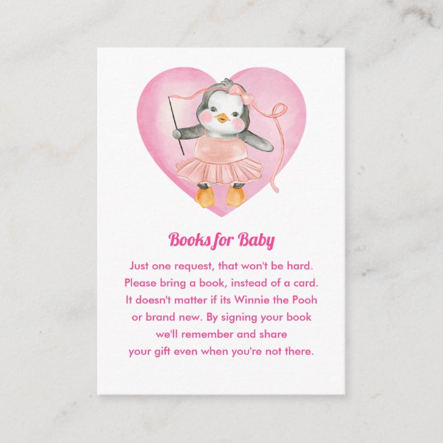 Begäran om rosa Girl Baby Shower Penguin Bok Tilläggskort (Framsida)