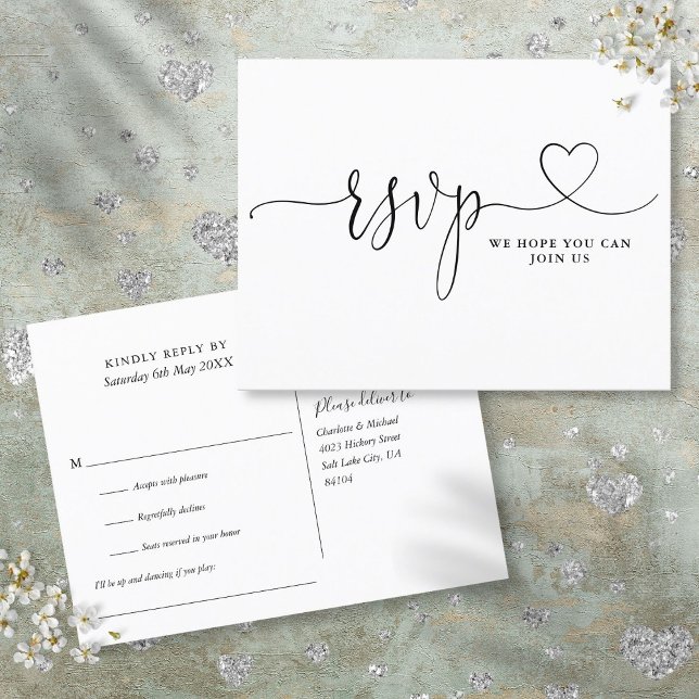 Begäran om svartvitt och vitt Sång Inbjudan Vykort (Heart Script Black And White Song Request Invitation Postcard)