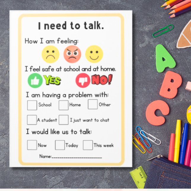 Begäran om vägledning från primär icke-läsare anteckningsblock (Primary counseling request self-referral for early reader identifying feelings, indicating safety)