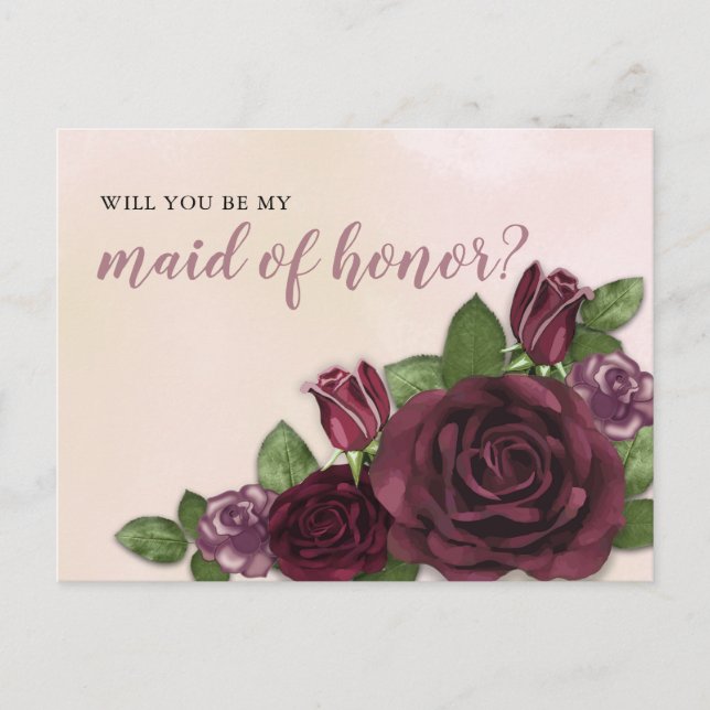 Begäran om vin  Mauve Blommigt Maid of honor Inbjudan Vykort (Framsida)