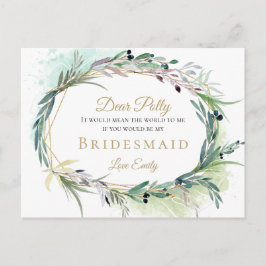 Begäran om Watercolor Olive Löv Greenery Bridesmai Vykort