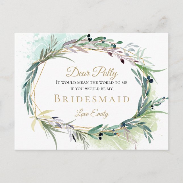 Begäran om Watercolor Olive Löv Greenery Bridesmai Vykort (Framsida)
