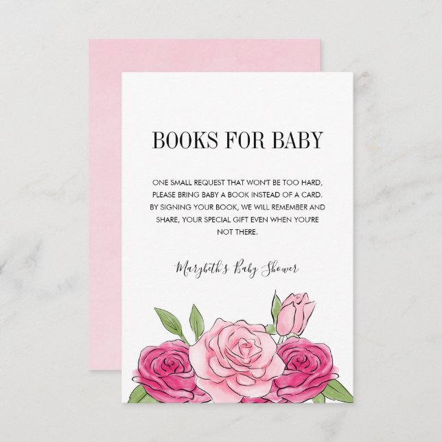 Begärandekort för Ro rosa Baby Shower Bok Inbjudningar (Fram/baksida)
