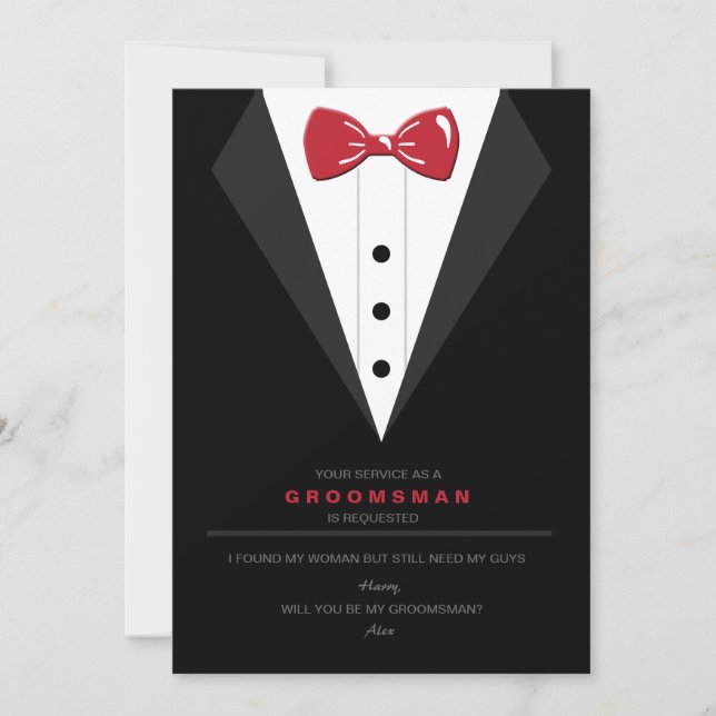 Begärandekort för Tuxedo och Red Bow Tie Groomsman Inbjudningar (Framsida)