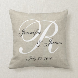 Bege Linen White Monogram Keepsaké Pillow Bröllop Kudde