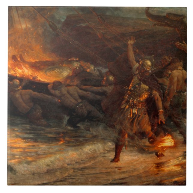 begravning av en viking (av Frank Dicksee) Kakelplatta (Framsidan)