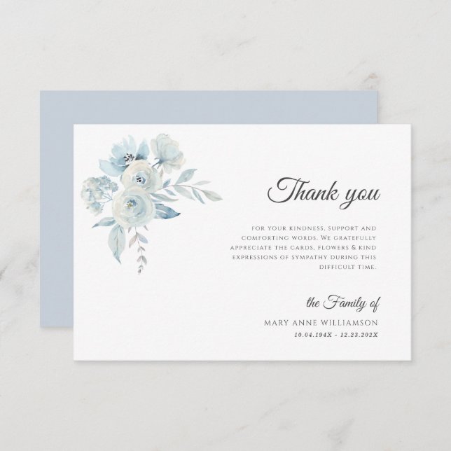 Begravning av ljusblå blommigt tack du kort (Fram/baksida)