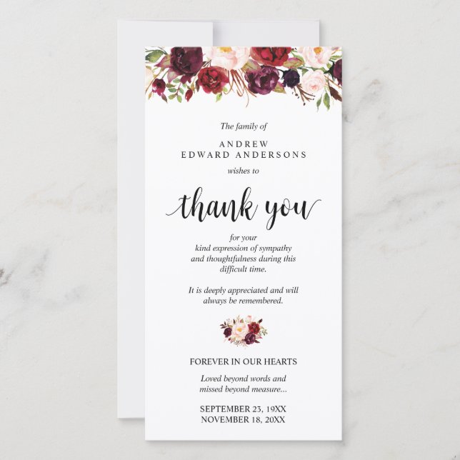 Begravning, Bereavement, Sympati Burgundy Blommigt Tack Kort (Framsida)