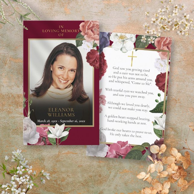 Begravning Burgundy Blommiga Fotobönkort Visitkort (Funeral Burgundy Floral Photo Prayer Cards)